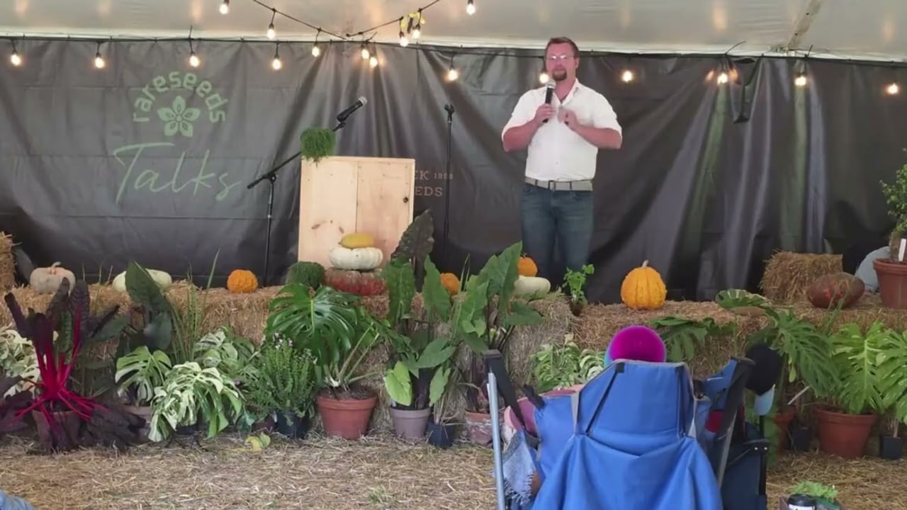 Jamon Mysliwiec presenting on the rareseeds Talks stage at Baker Creek