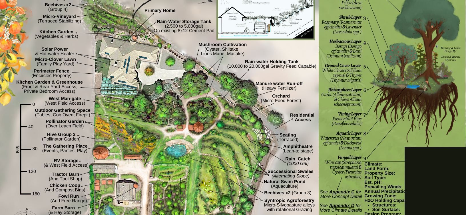 Rendered masterplan of a terraced Southern California hillside homestead