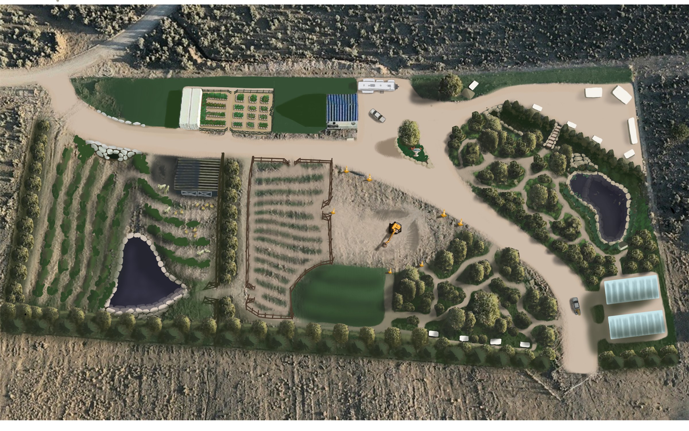 High-desert homestead concept with shelterbelts, orchard, ponds, and apiary