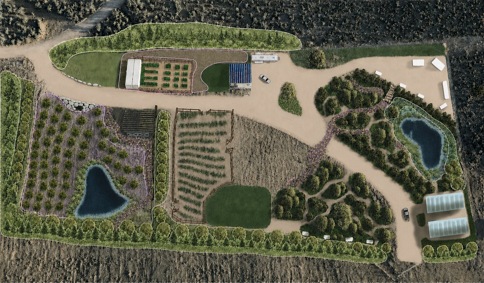 Illustrated whole-property zoning concept for a high-desert homestead